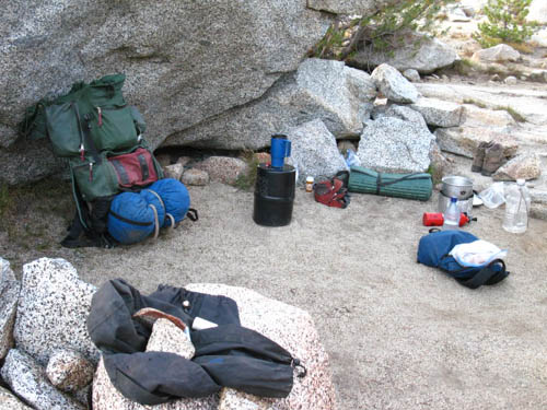 Campsite behind great protective boulder at Darwin Bench off the John Muir Trail